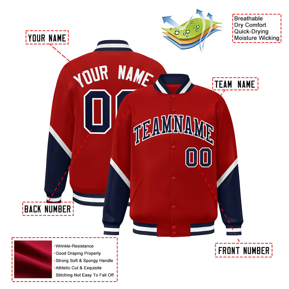 Custom Red Navy-White Varsity Full-Snap Color Block Letterman Jacket
