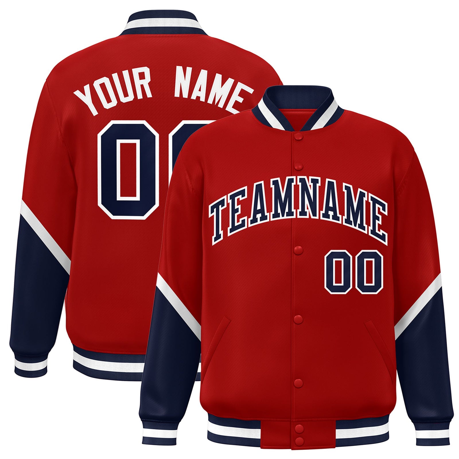 Custom Red Navy-White Varsity Full-Snap Color Block Letterman Jacket