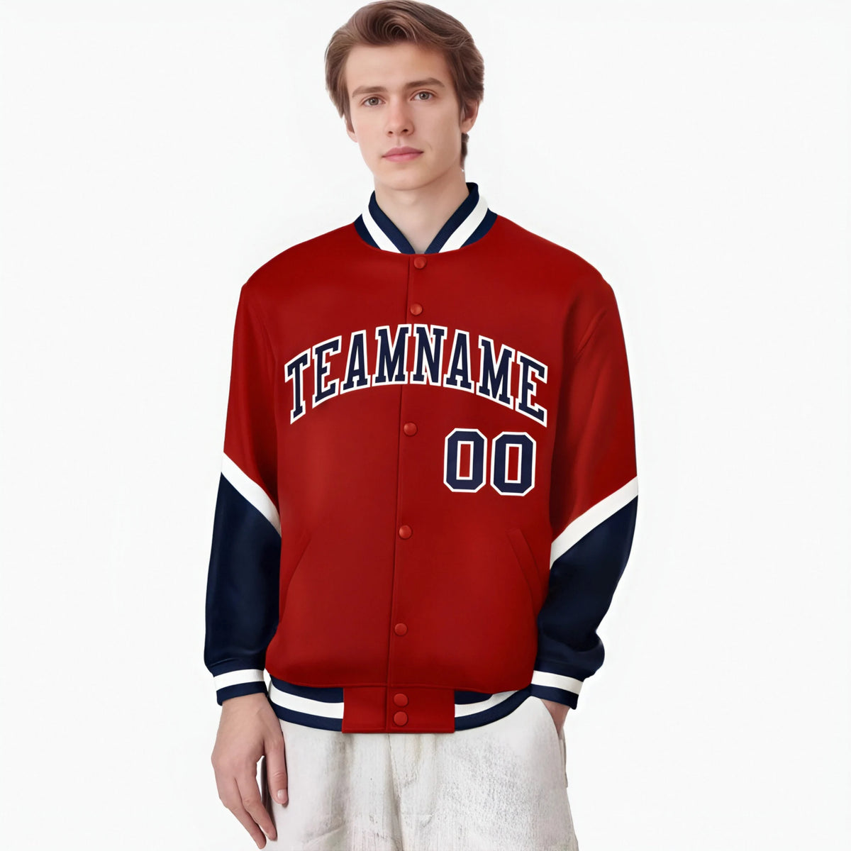 Custom Red Navy-White Varsity Full-Snap Color Block Letterman Jacket