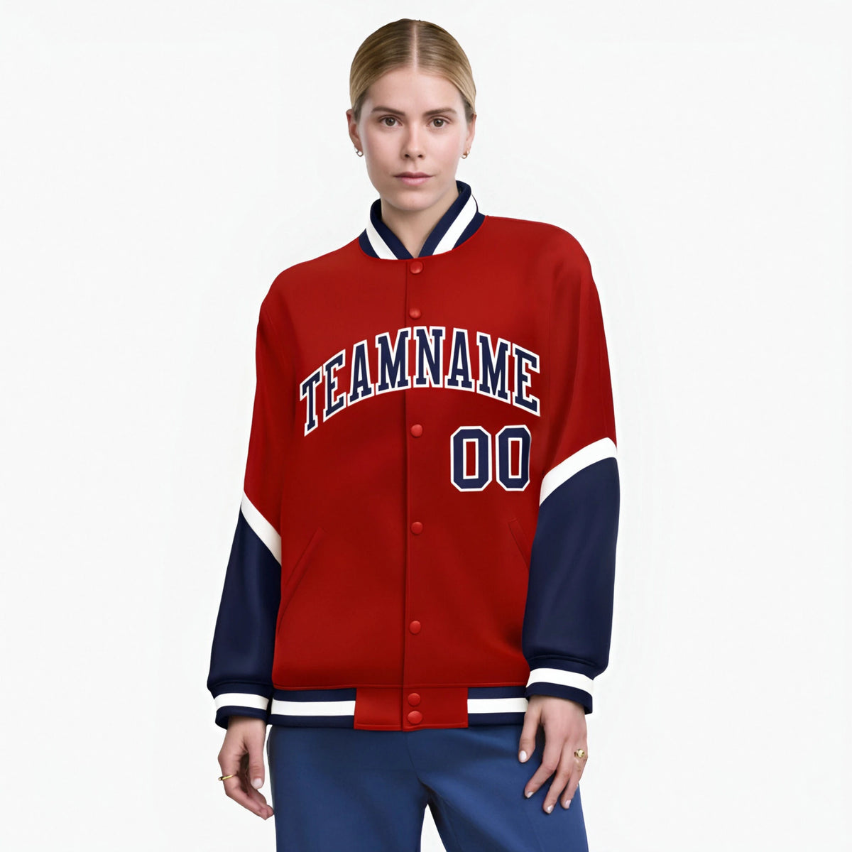 Custom Red Navy-White Varsity Full-Snap Color Block Letterman Jacket