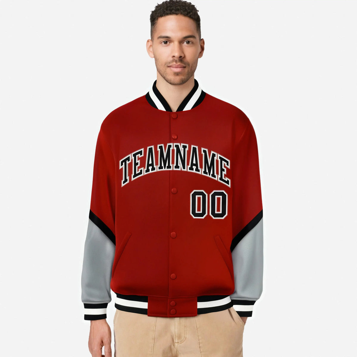 Custom Red Gray-Black Varsity Full-Snap Color Block Letterman Jacket
