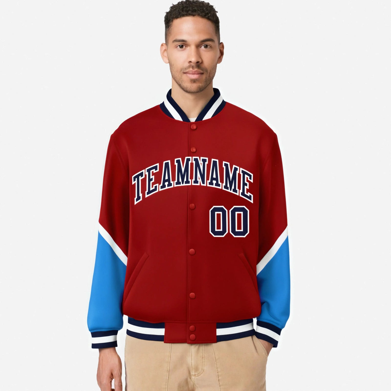 Custom Red Powder Blue-White Varsity Full-Snap Color Block Letterman Jacket