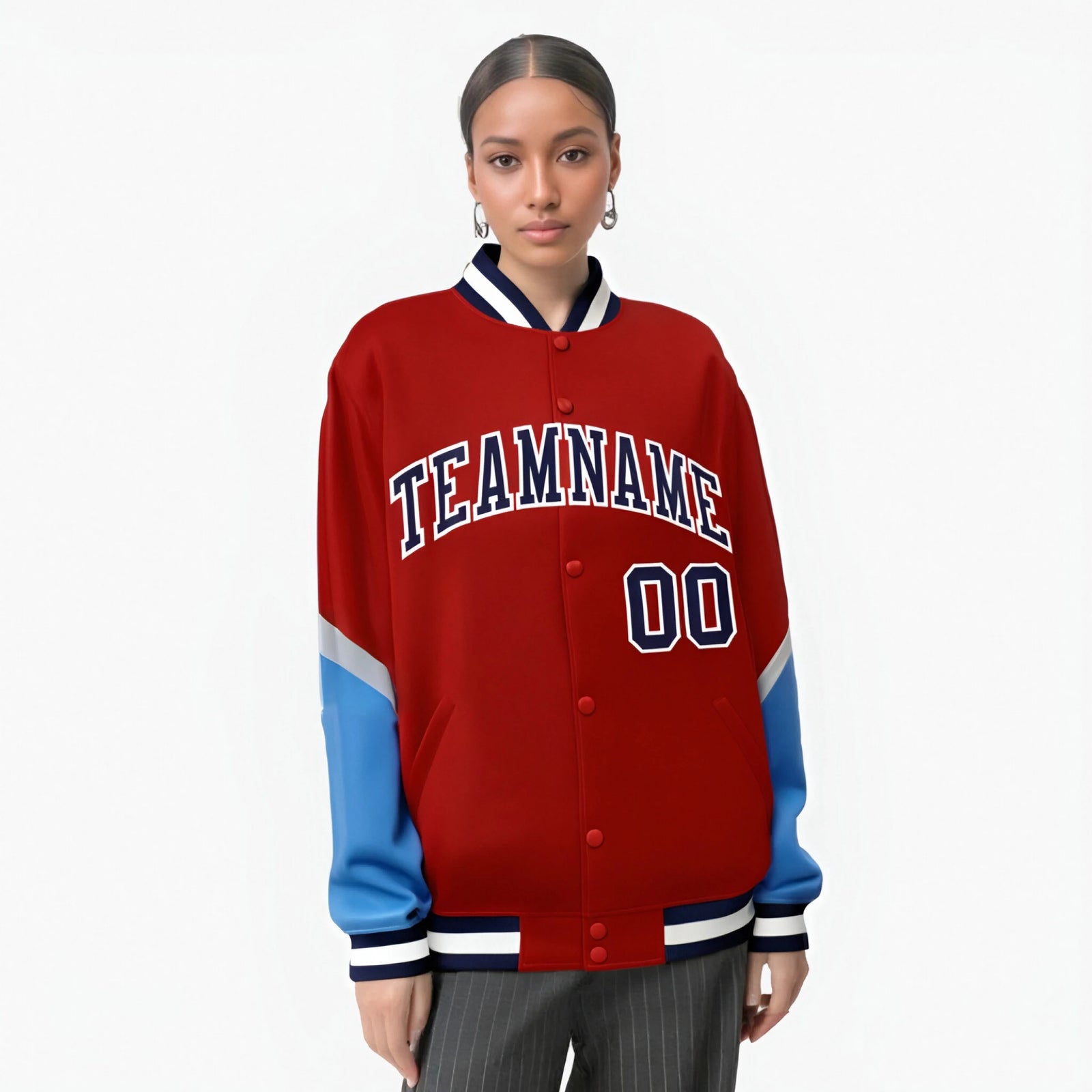 Custom Red Powder Blue-White Varsity Full-Snap Color Block Letterman Jacket