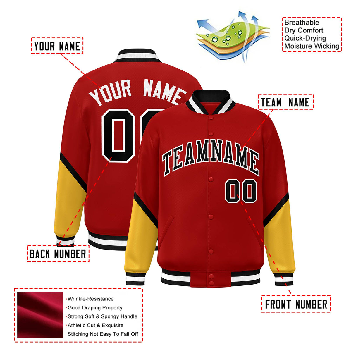 Custom Red Gold-Black Varsity Full-Snap Color Block Letterman Jacket