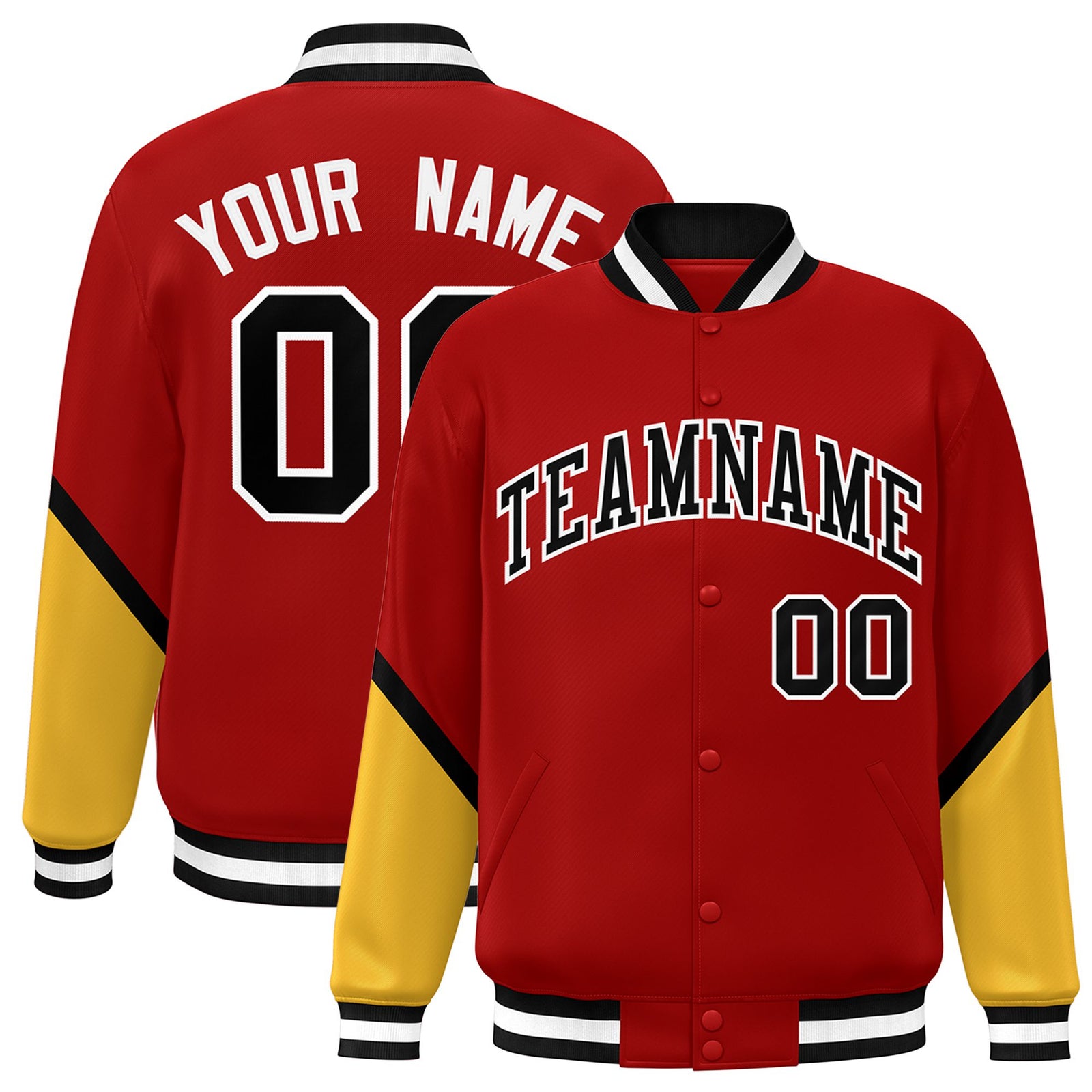 Custom Red Gold-Black Varsity Full-Snap Color Block Letterman Jacket