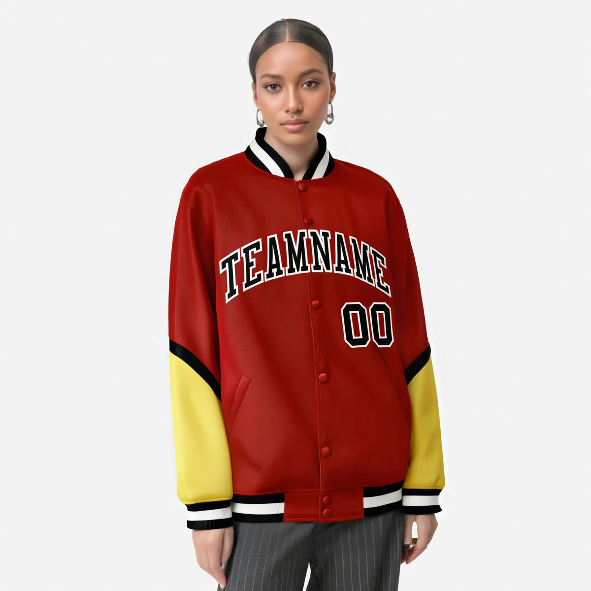 Custom Red Gold-Black Varsity Full-Snap Color Block Letterman Jacket