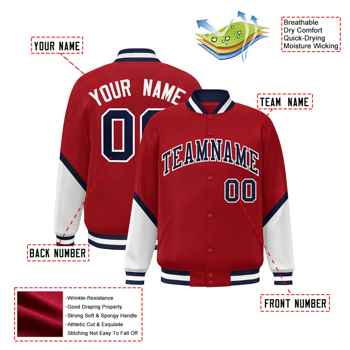 Custom Red White-Navy Varsity Full-Snap Color Block Letterman Jacket