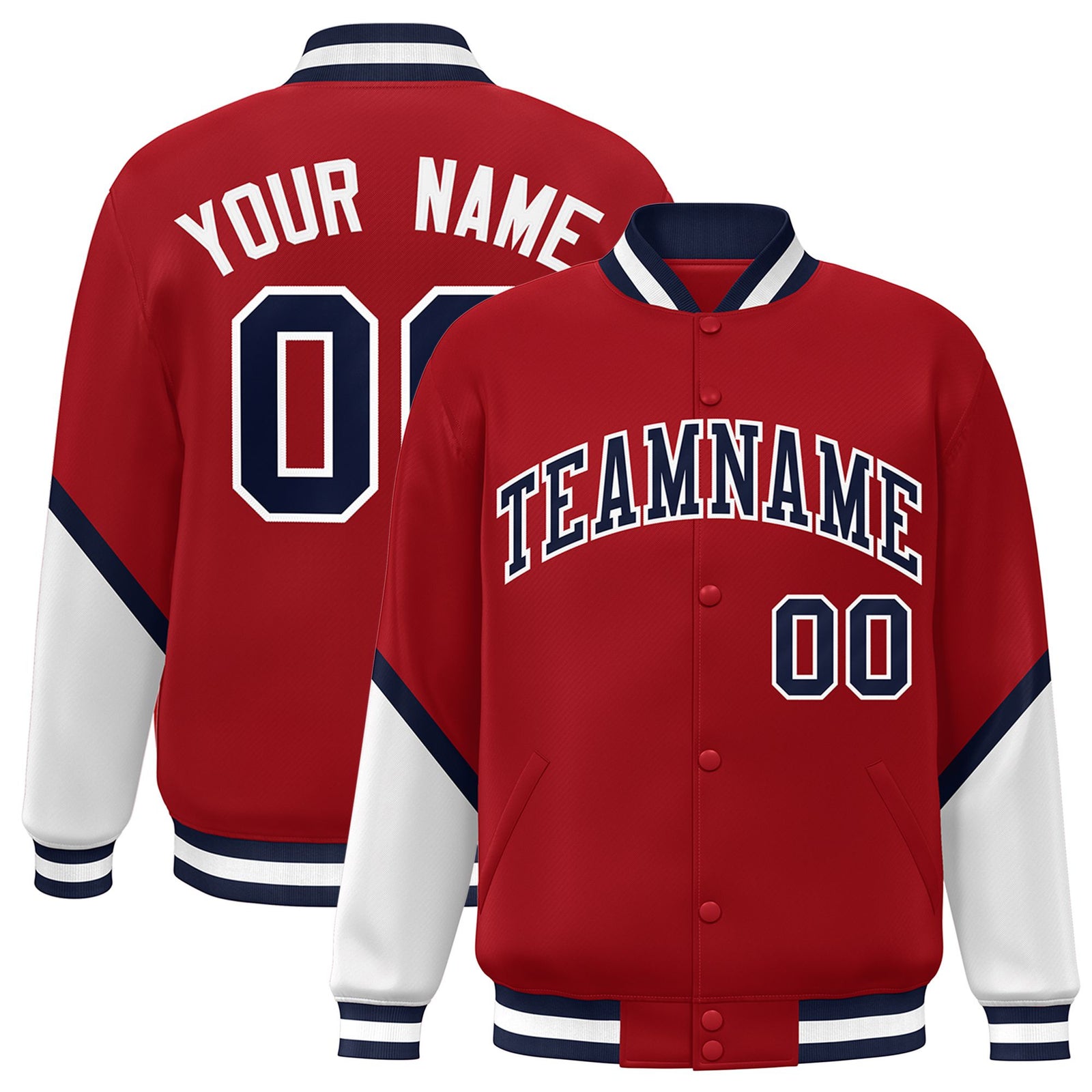 Custom Red White-Navy Varsity Full-Snap Color Block Letterman Jacket