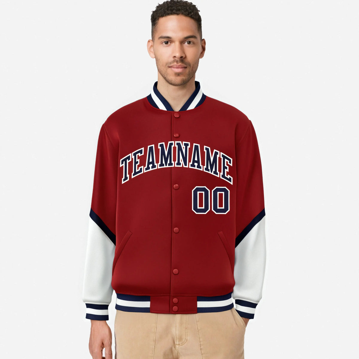 Custom Red White-Navy Varsity Full-Snap Color Block Letterman Jacket