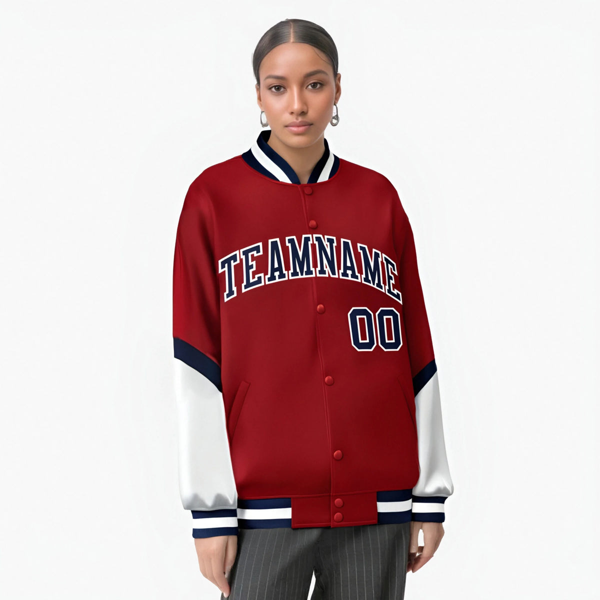 Custom Red White-Navy Varsity Full-Snap Color Block Letterman Jacket