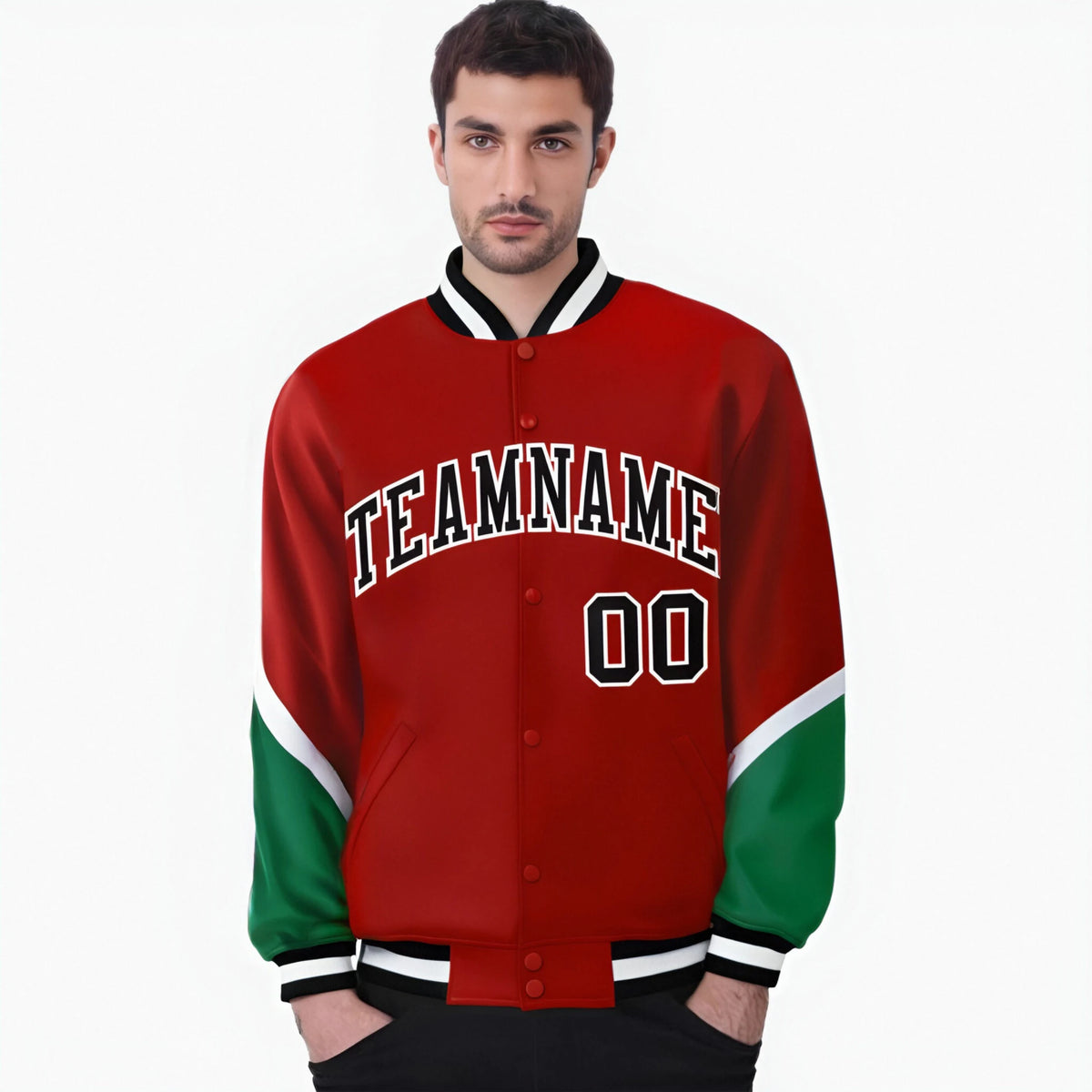 Custom Red Kelly Green-White Varsity Full-Snap Color Block Letterman Jacket