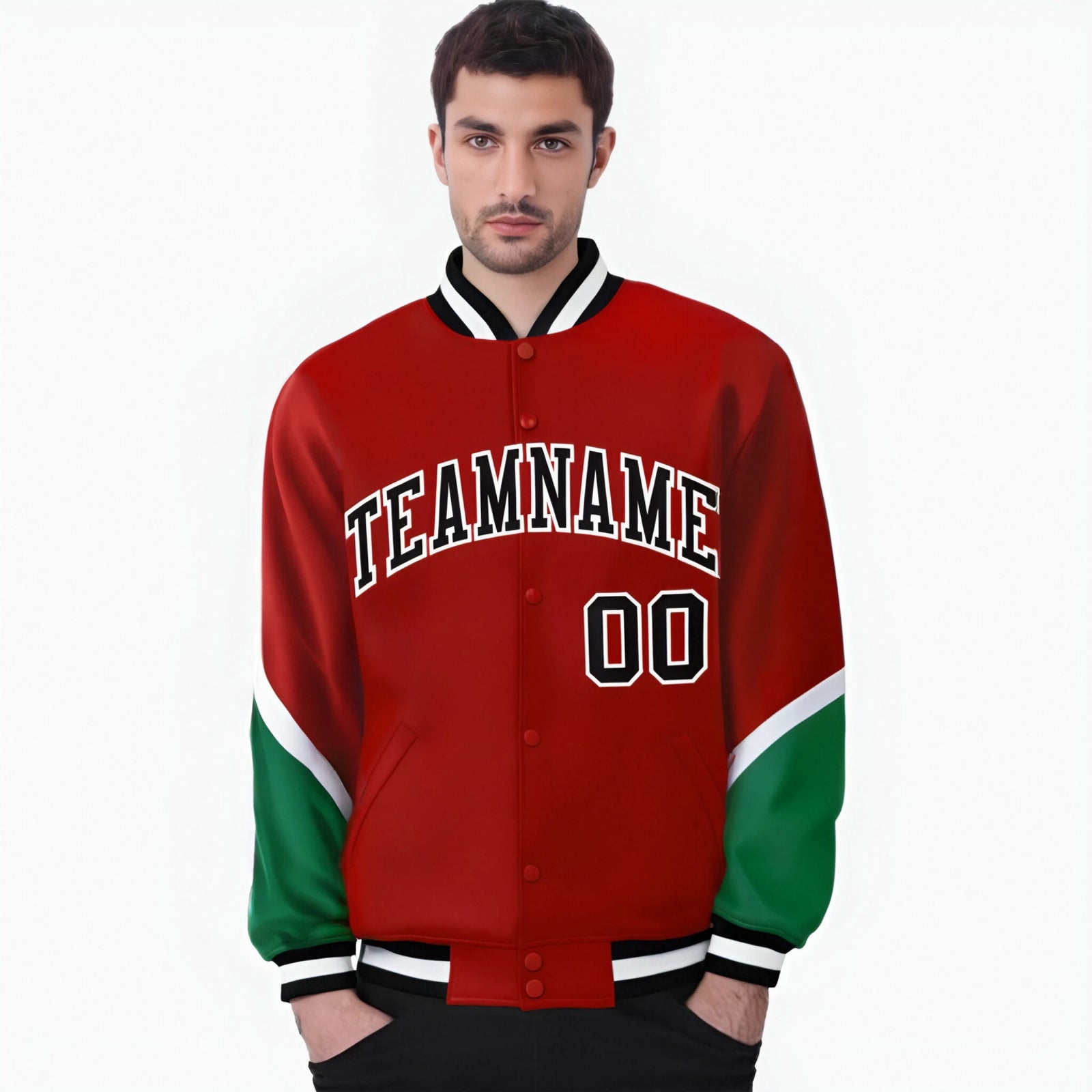 Custom Red Kelly Green-White Varsity Full-Snap Color Block Letterman Jacket