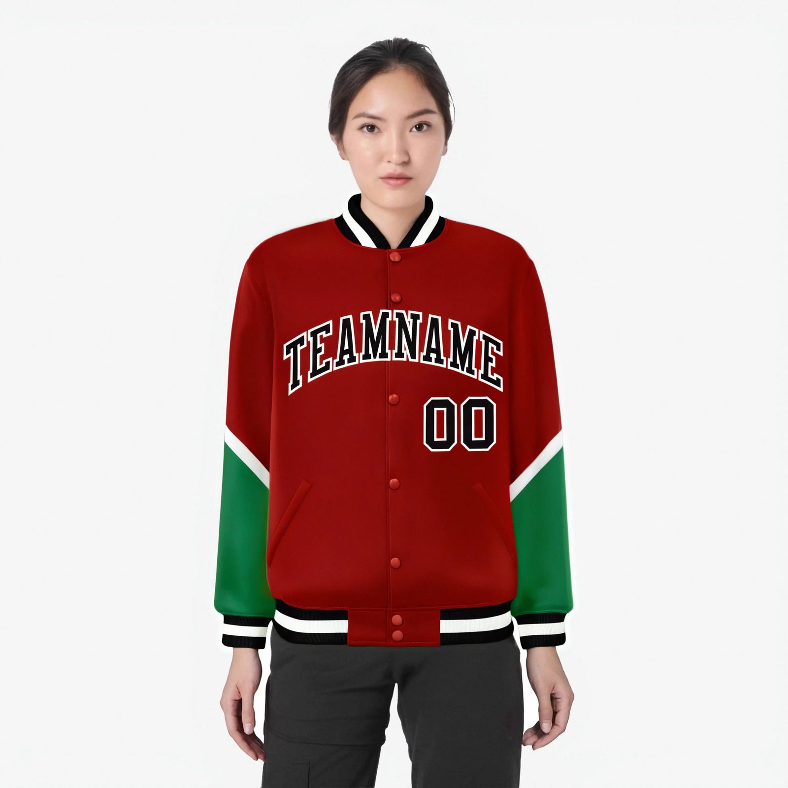 Custom Red Kelly Green-White Varsity Full-Snap Color Block Letterman Jacket