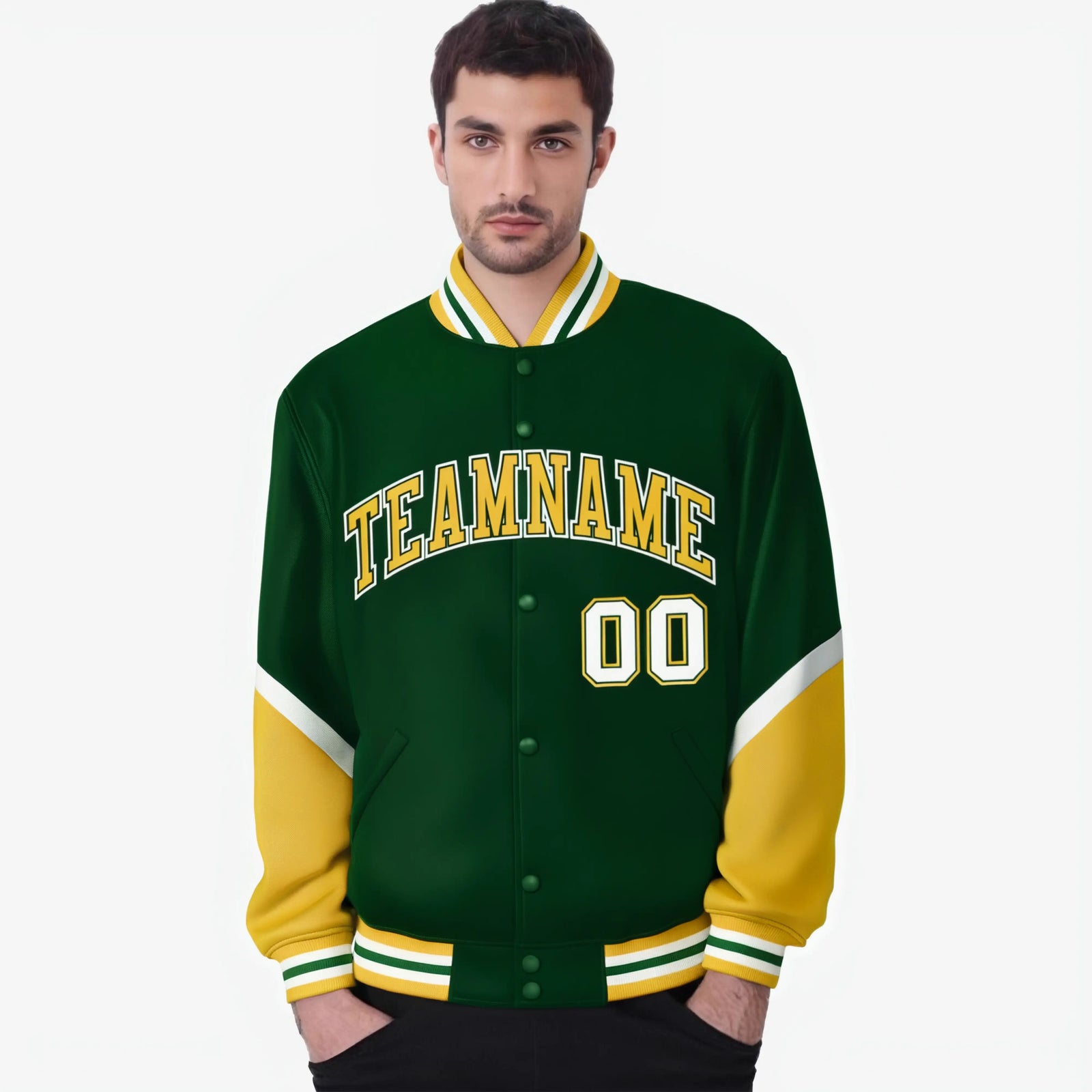 Custom Green Gold-White Varsity Full-Snap Color Block Letterman Jacket