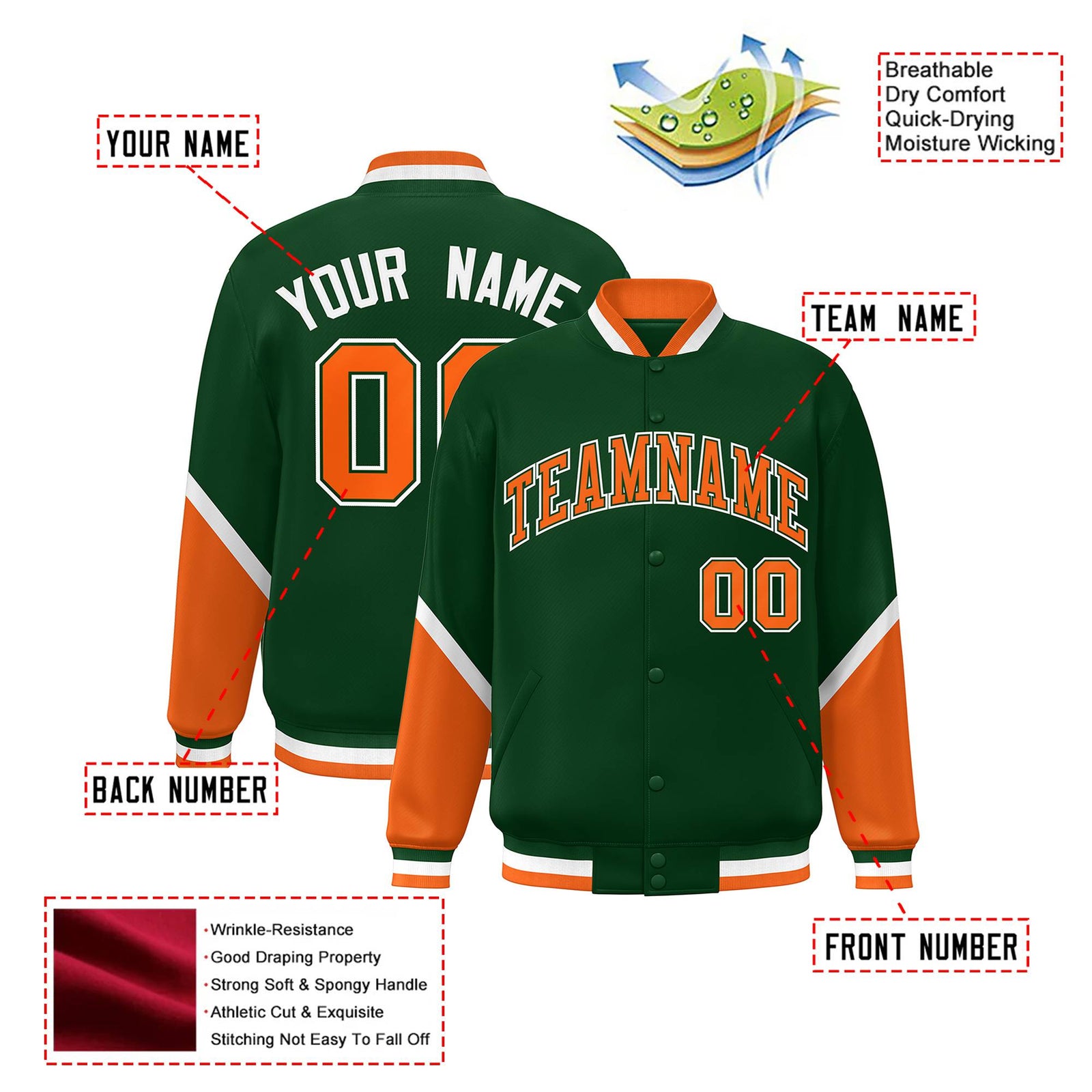 Custom Green Orange-White Varsity Full-Snap Color Block Letterman Jacket