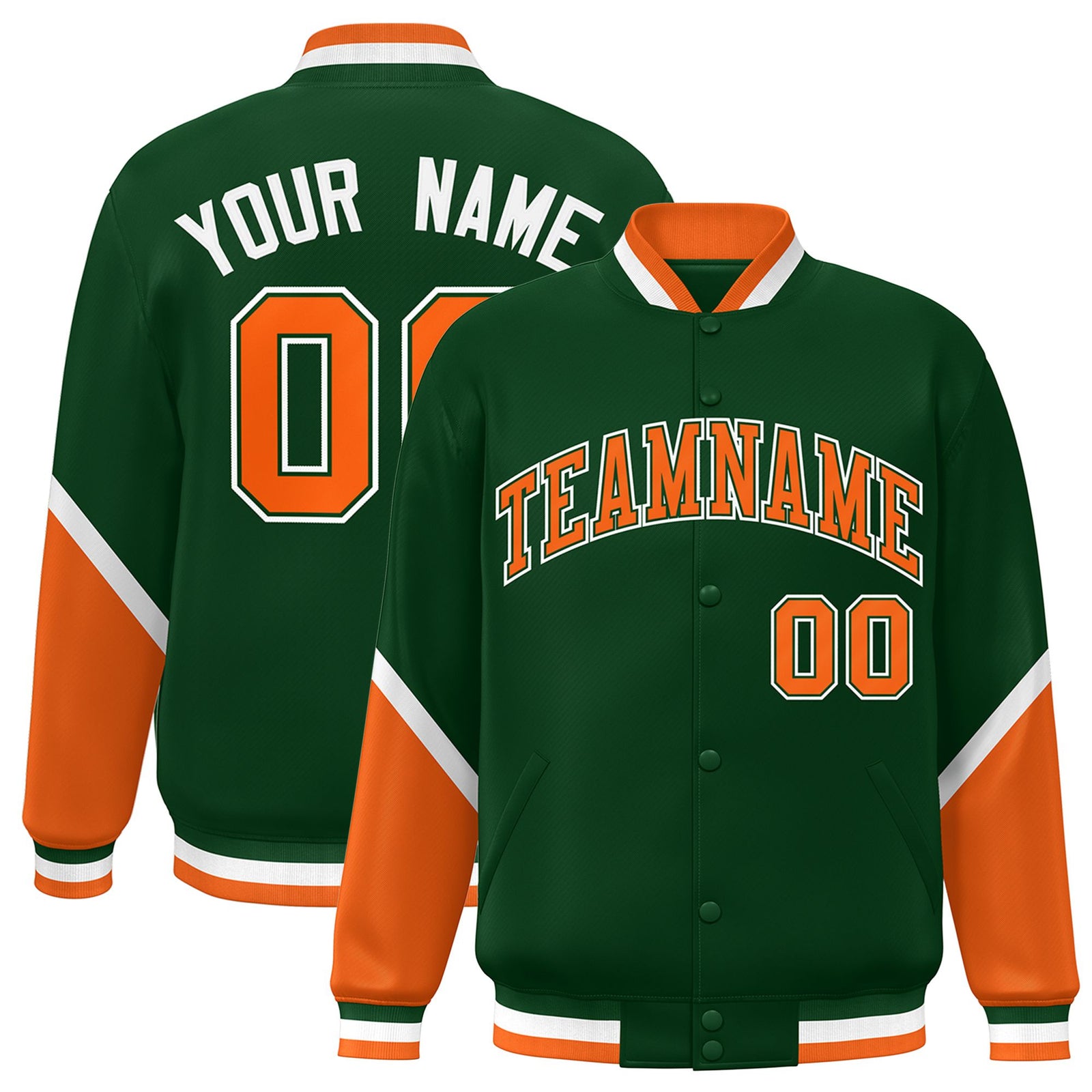 Custom Green Orange-White Varsity Full-Snap Color Block Letterman Jacket