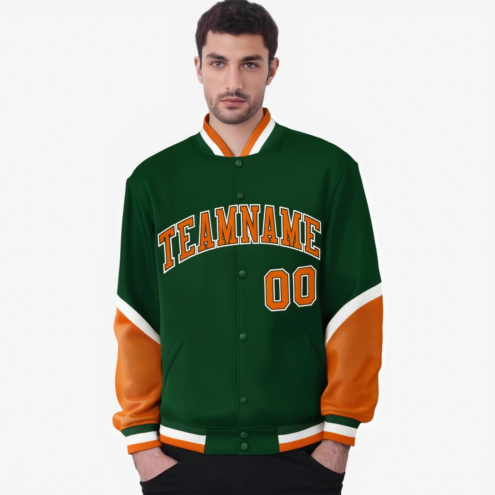 Custom Green Orange-White Varsity Full-Snap Color Block Letterman Jacket