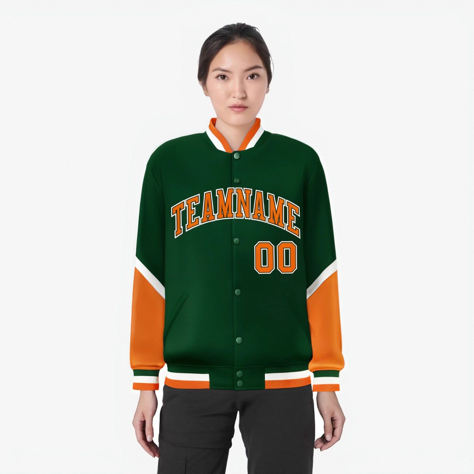 Custom Green Orange-White Varsity Full-Snap Color Block Letterman Jacket