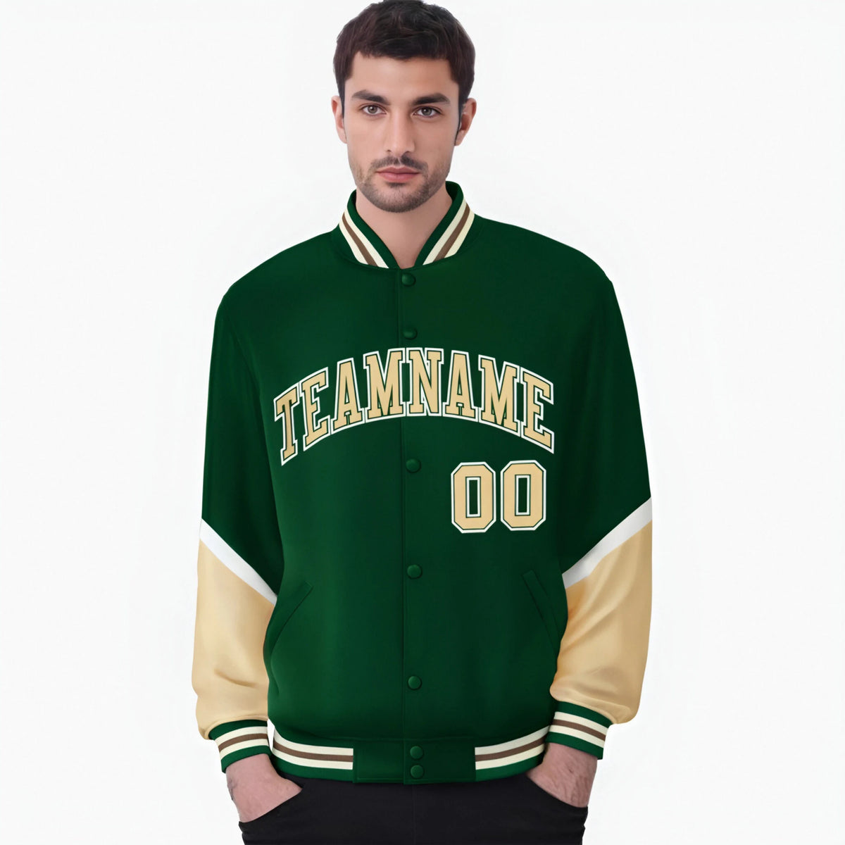 Custom Green Khaki-White Varsity Full-Snap Color Block Letterman Jacket