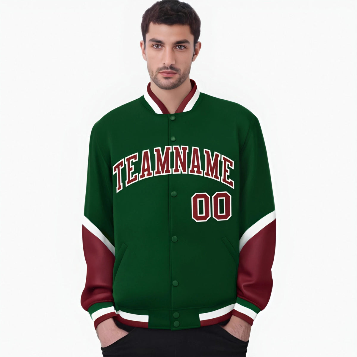 Custom Green Crimson-White Varsity Full-Snap Color Block Letterman Jacket