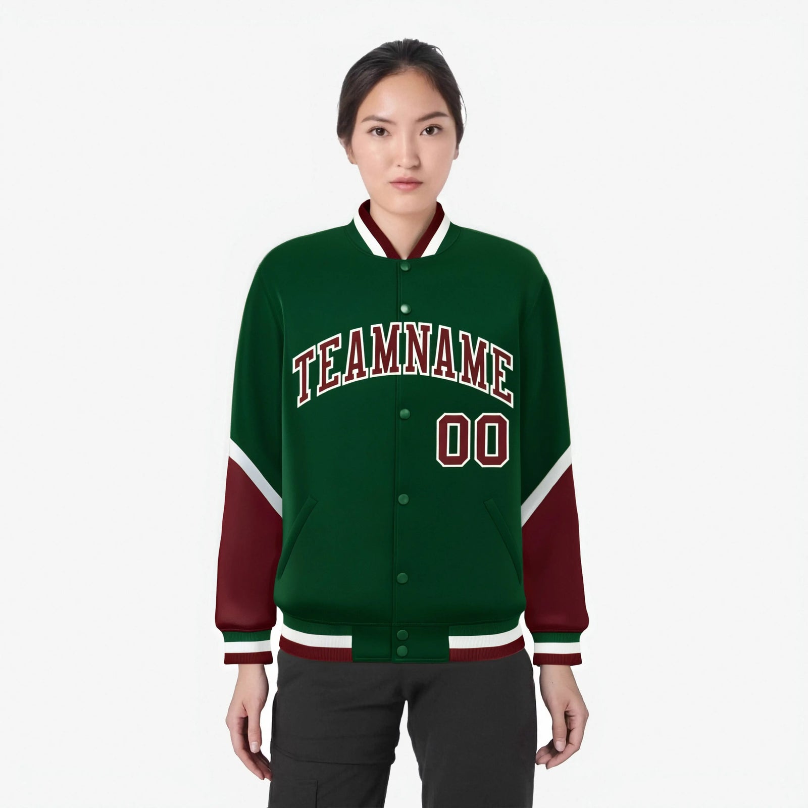 Custom Green Crimson-White Varsity Full-Snap Color Block Letterman Jacket