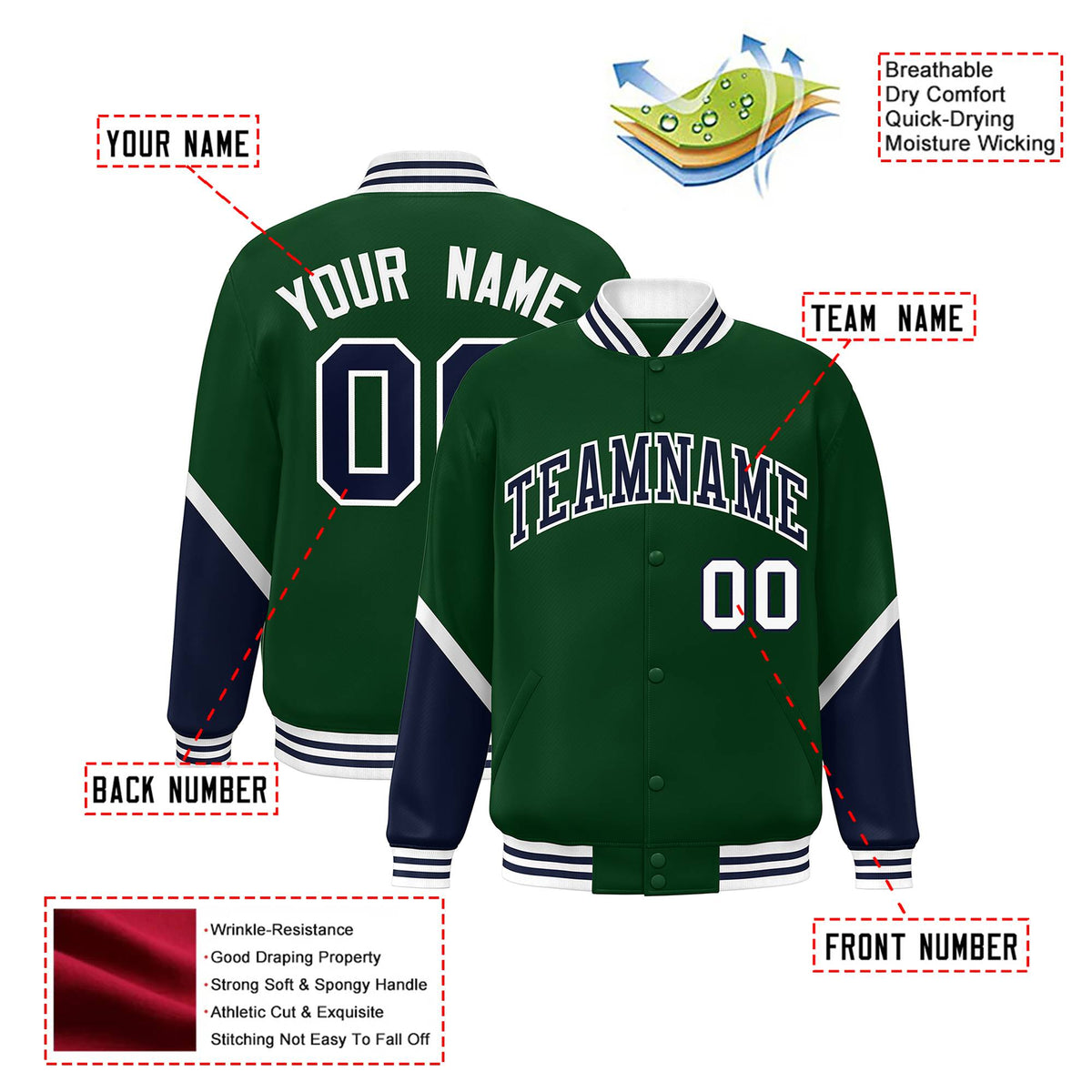 Custom Green Purple-White Varsity Full-Snap Color Block Letterman Jacket