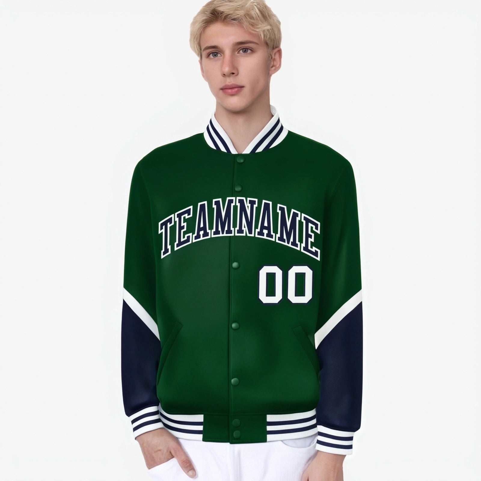 Custom Green Purple-White Varsity Full-Snap Color Block Letterman Jacket