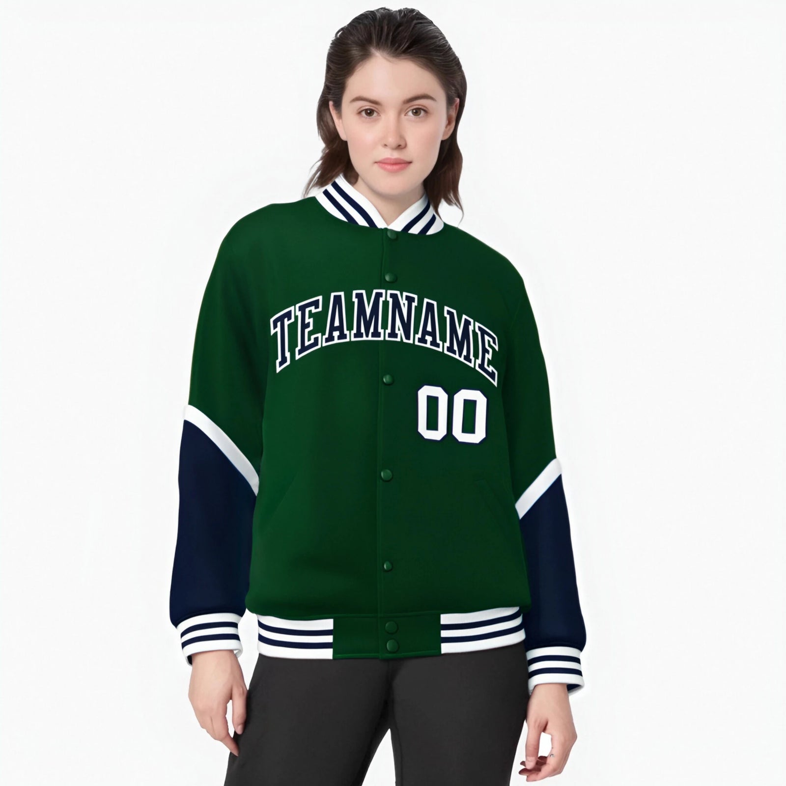 Custom Green Purple-White Varsity Full-Snap Color Block Letterman Jacket