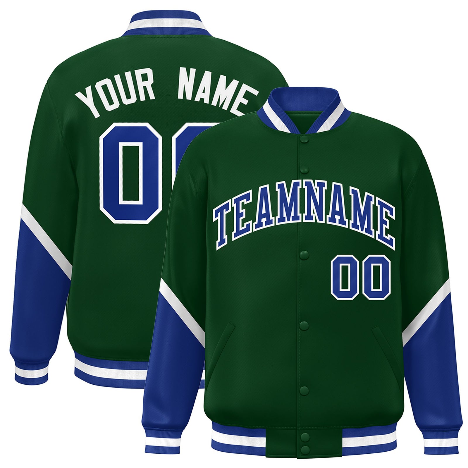 Custom Green Royal Blue-White Varsity Full-Snap Color Block Letterman Jacket