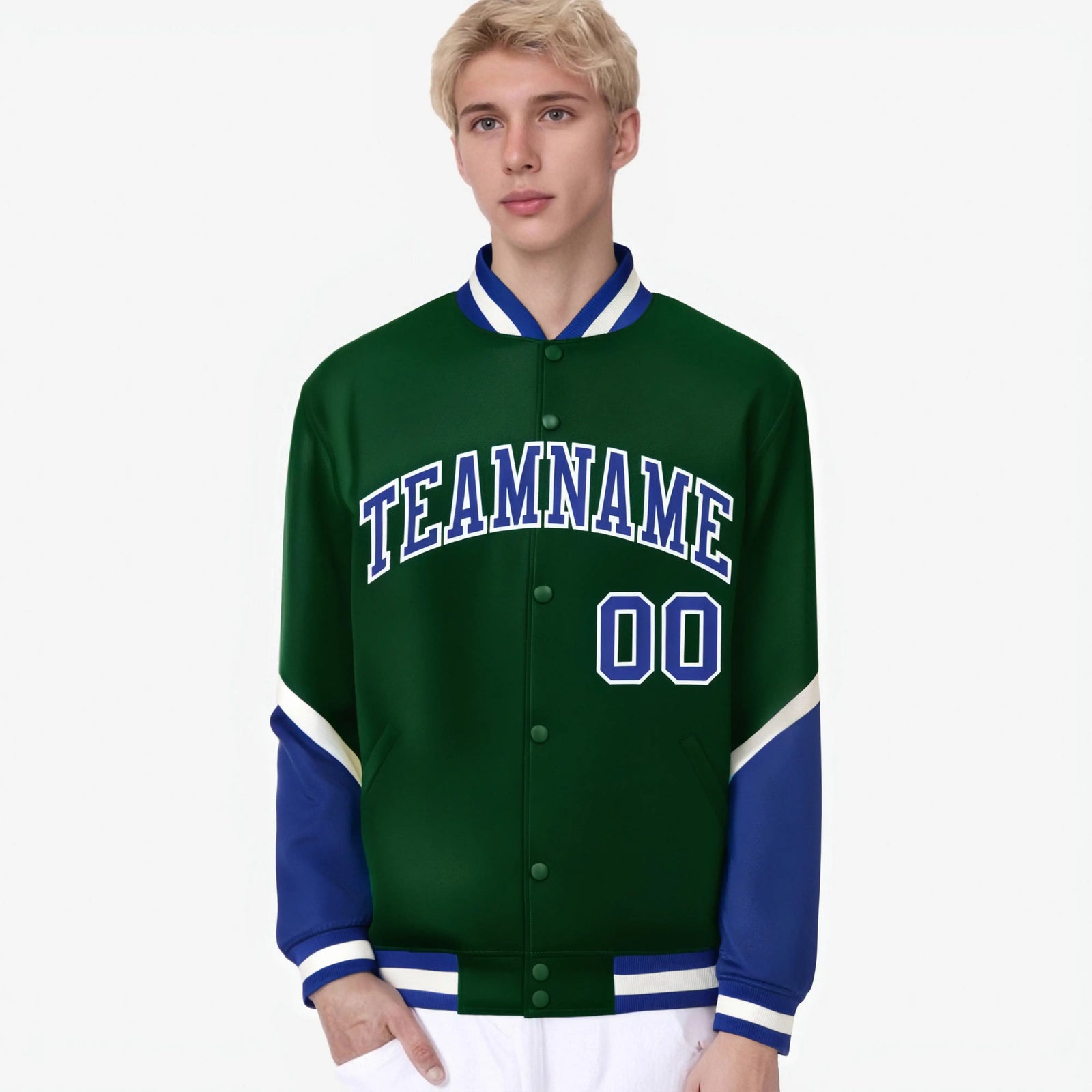 Custom Green Royal Blue-White Varsity Full-Snap Color Block Letterman Jacket