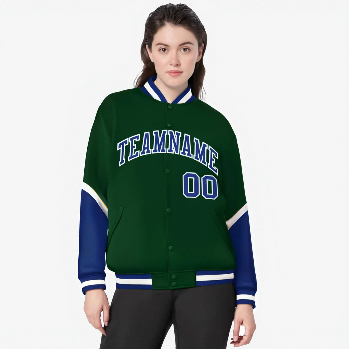 Custom Green Royal Blue-White Varsity Full-Snap Color Block Letterman Jacket