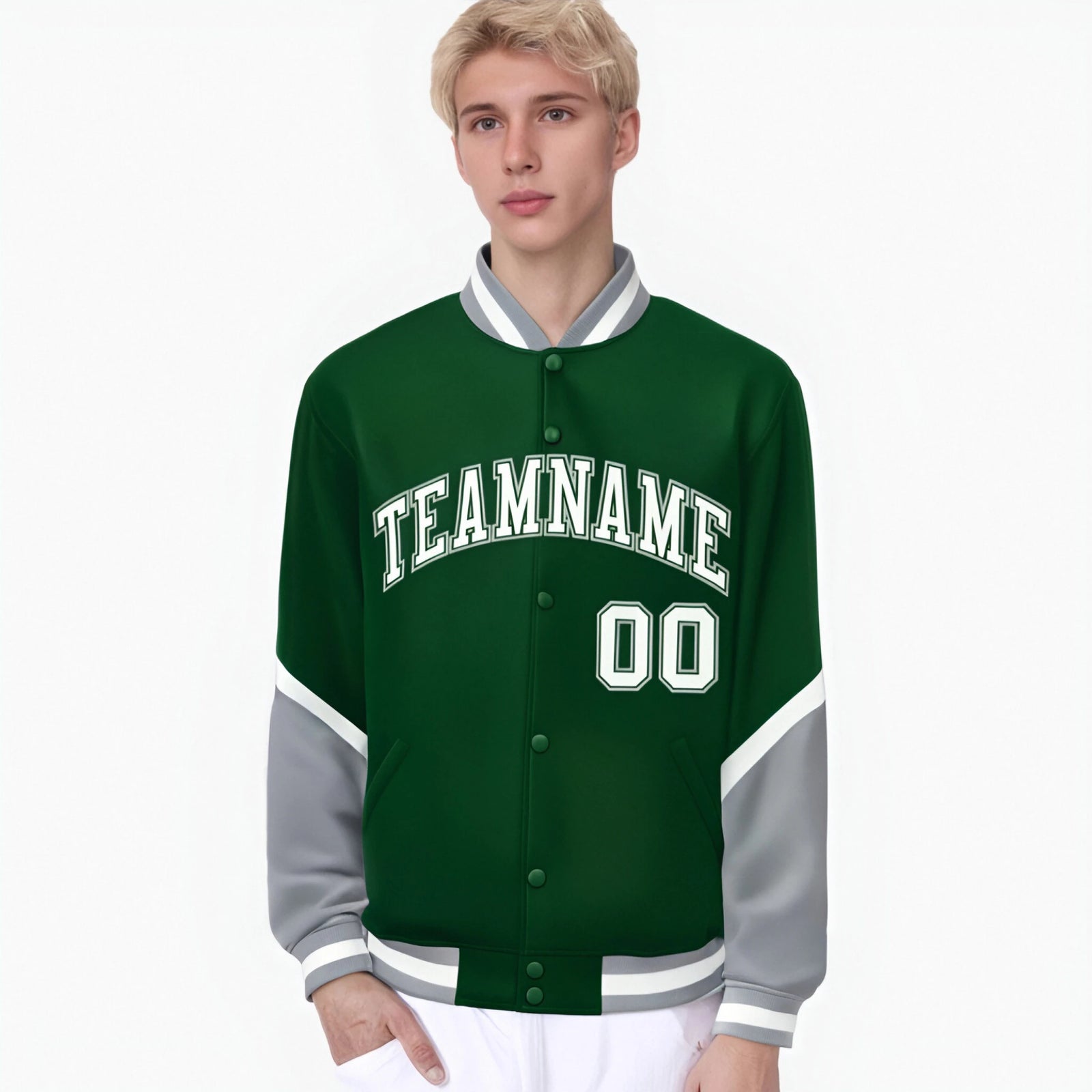 Custom Green Gray-White Varsity Full-Snap Color Block Letterman Jacket