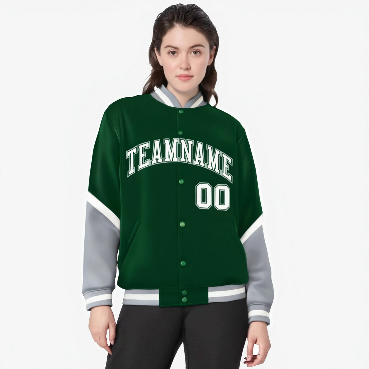 Custom Green Gray-White Varsity Full-Snap Color Block Letterman Jacket
