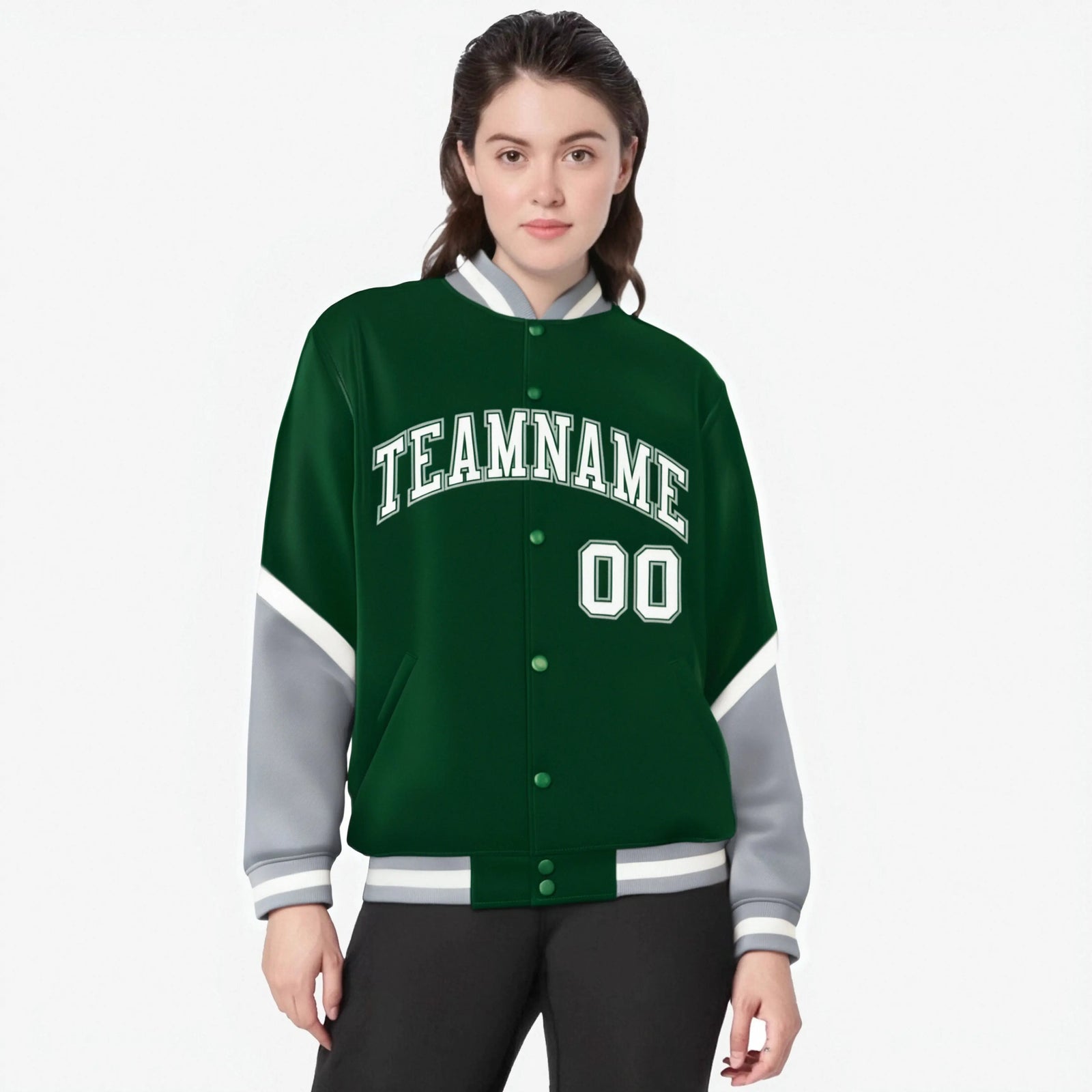 Custom Green Gray-White Varsity Full-Snap Color Block Letterman Jacket