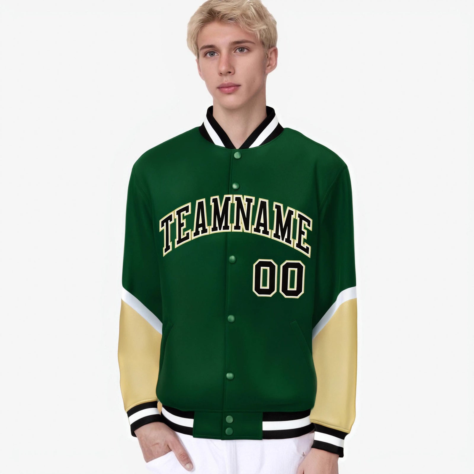 Custom Green Khaki-White Varsity Full-Snap Color Block Letterman Jacket