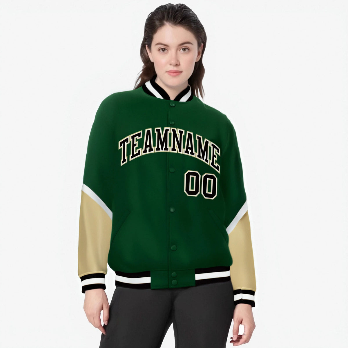 Custom Green Khaki-White Varsity Full-Snap Color Block Letterman Jacket