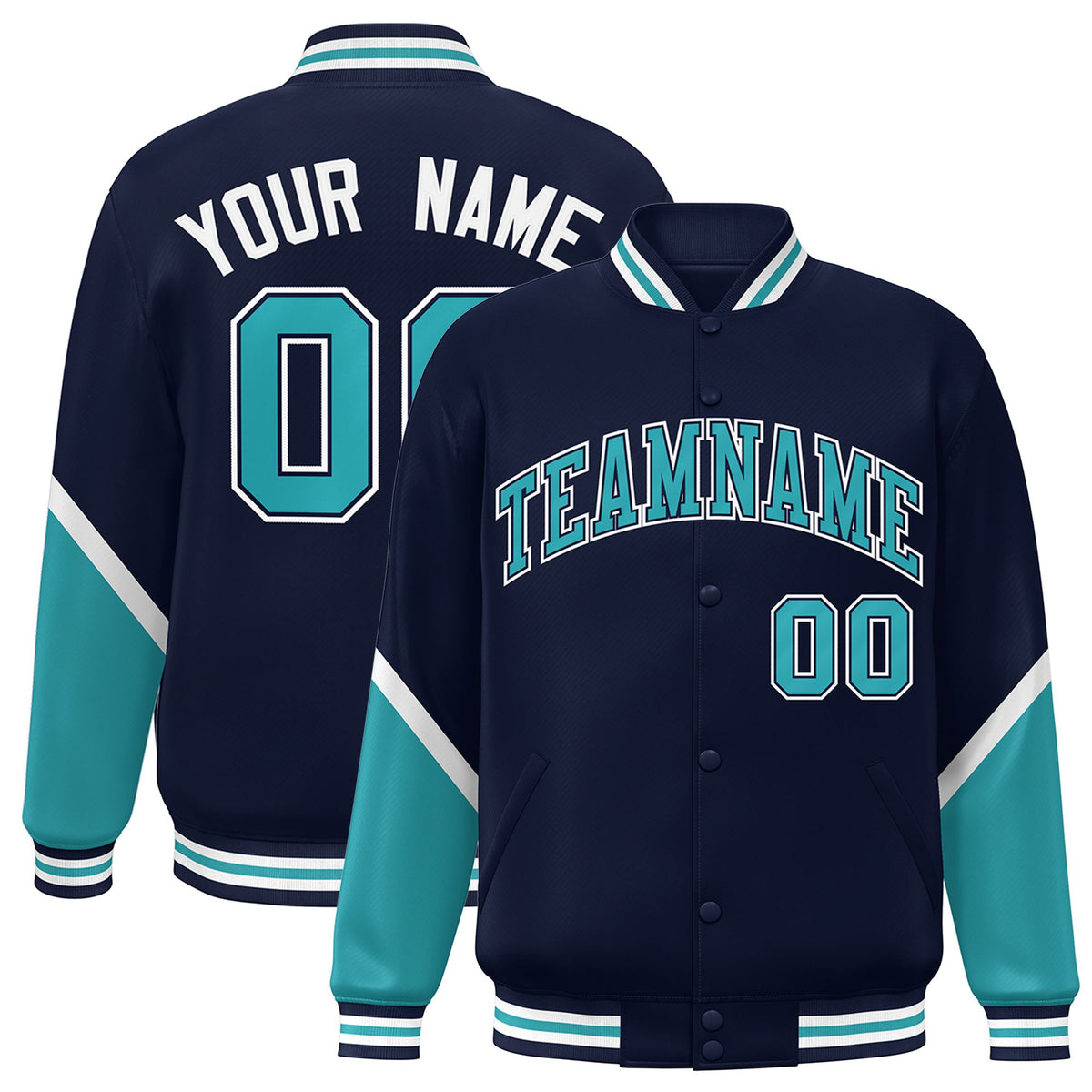 Custom Navy Aqua-White Varsity Full-Snap Color Block Letterman Jacket