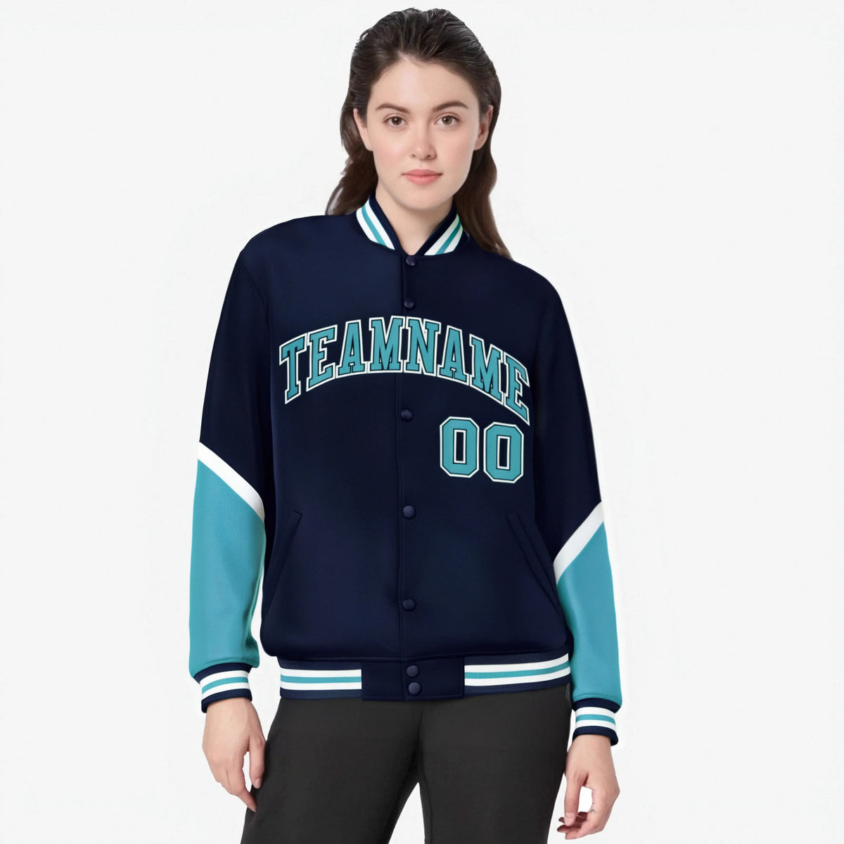 Custom Navy Aqua-White Varsity Full-Snap Color Block Letterman Jacket