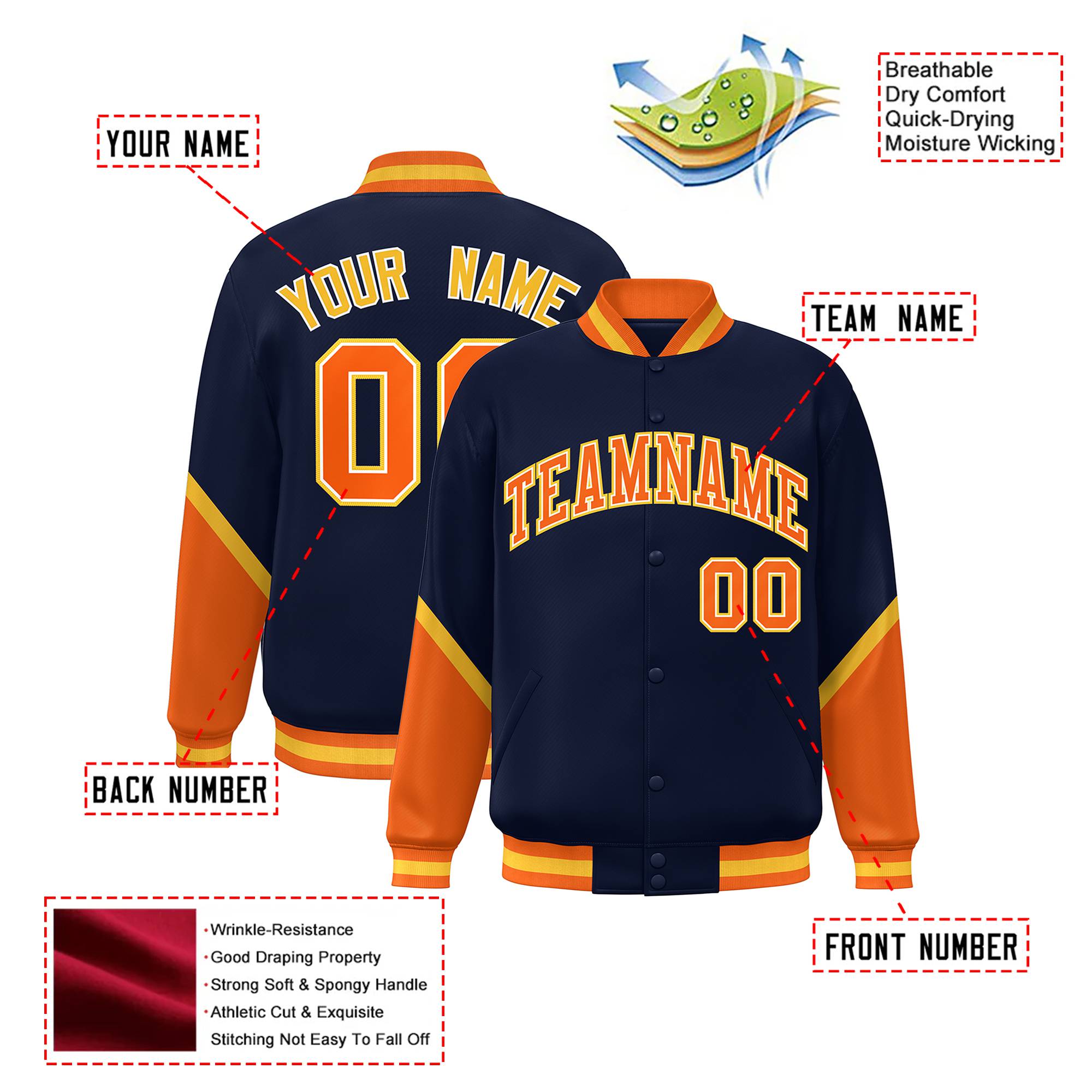 Custom Navy Orange-Gold Varsity Full-Snap Color Block Letterman Jacket