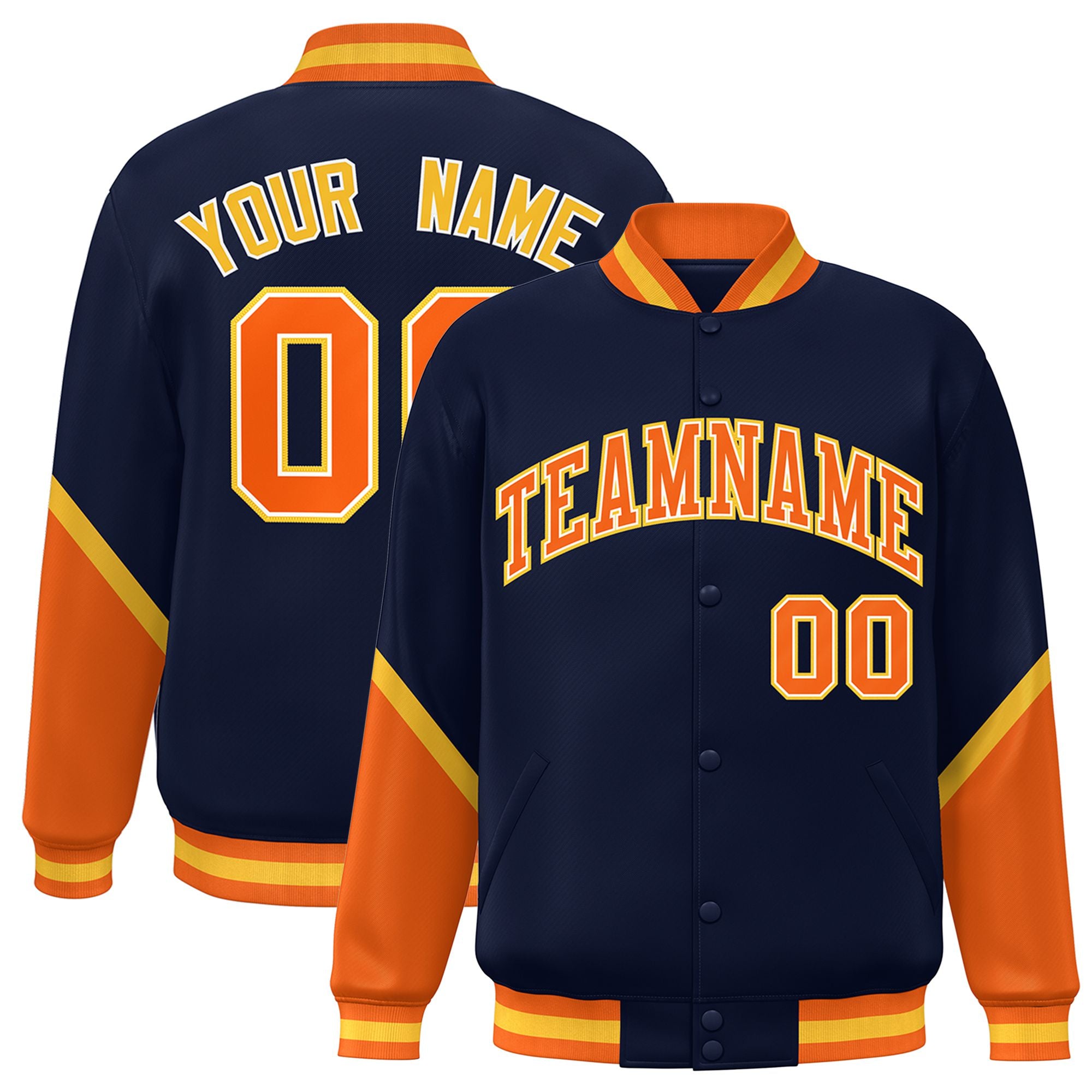 Custom Navy Orange-Gold Varsity Full-Snap Color Block Letterman Jacket