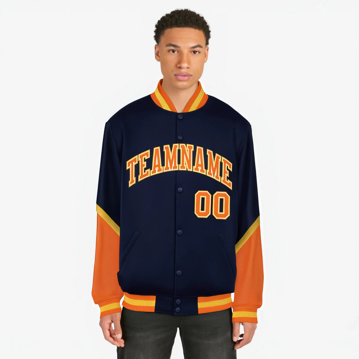 Custom Navy Orange-Gold Varsity Full-Snap Color Block Letterman Jacket