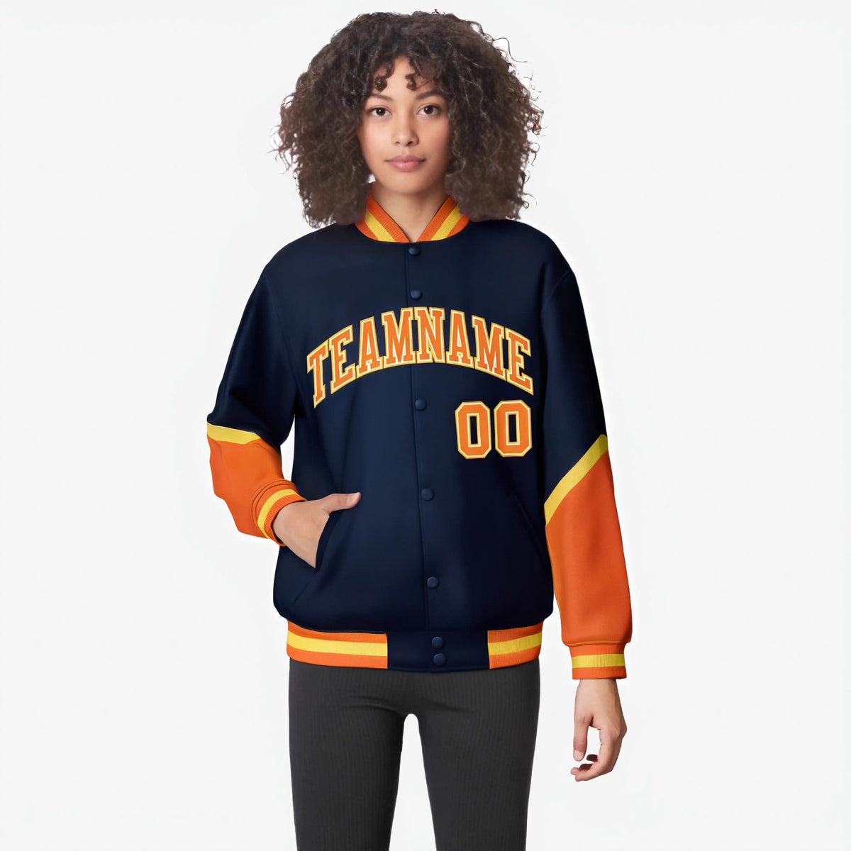 Custom Navy Orange-Gold Varsity Full-Snap Color Block Letterman Jacket