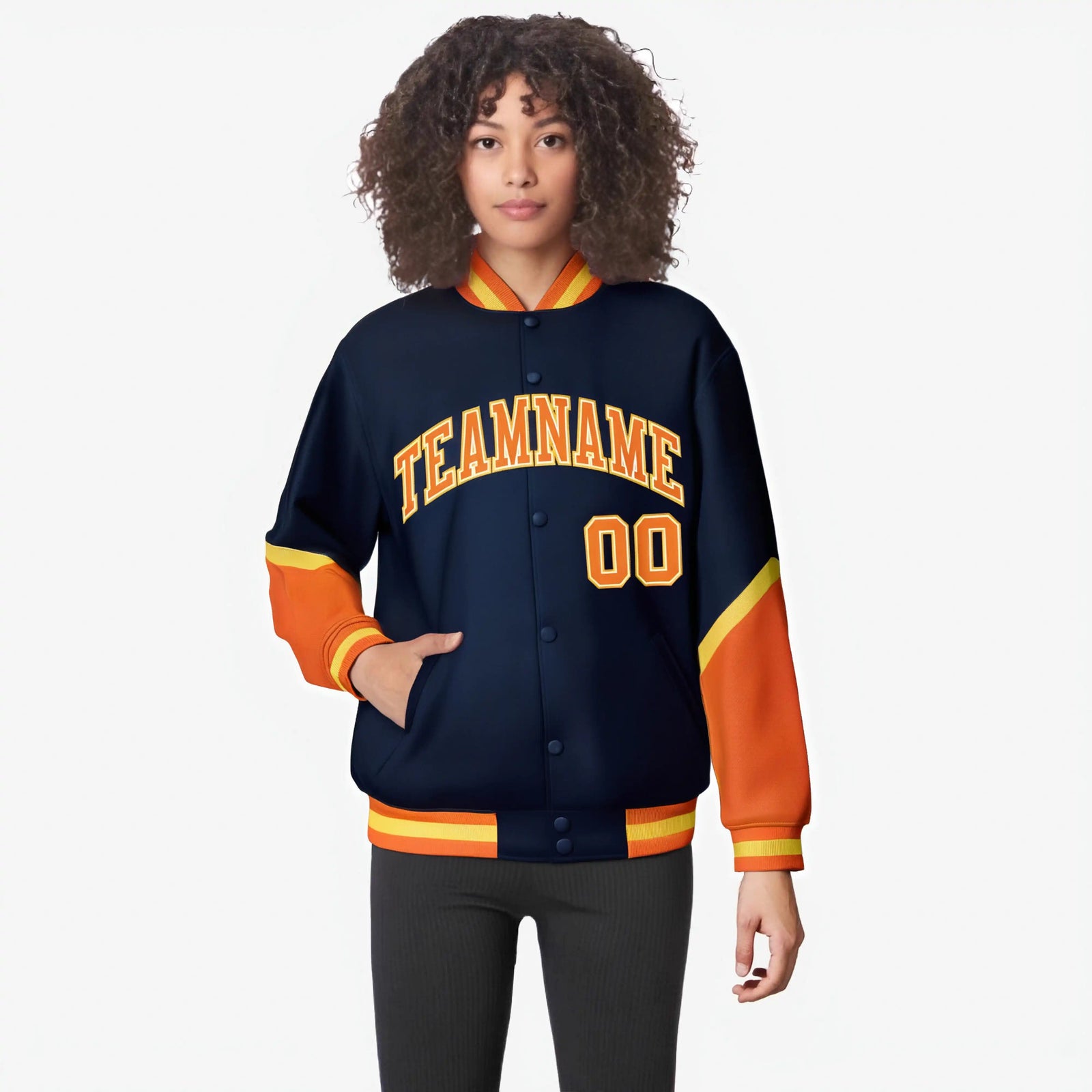 Custom Navy Orange-Gold Varsity Full-Snap Color Block Letterman Jacket
