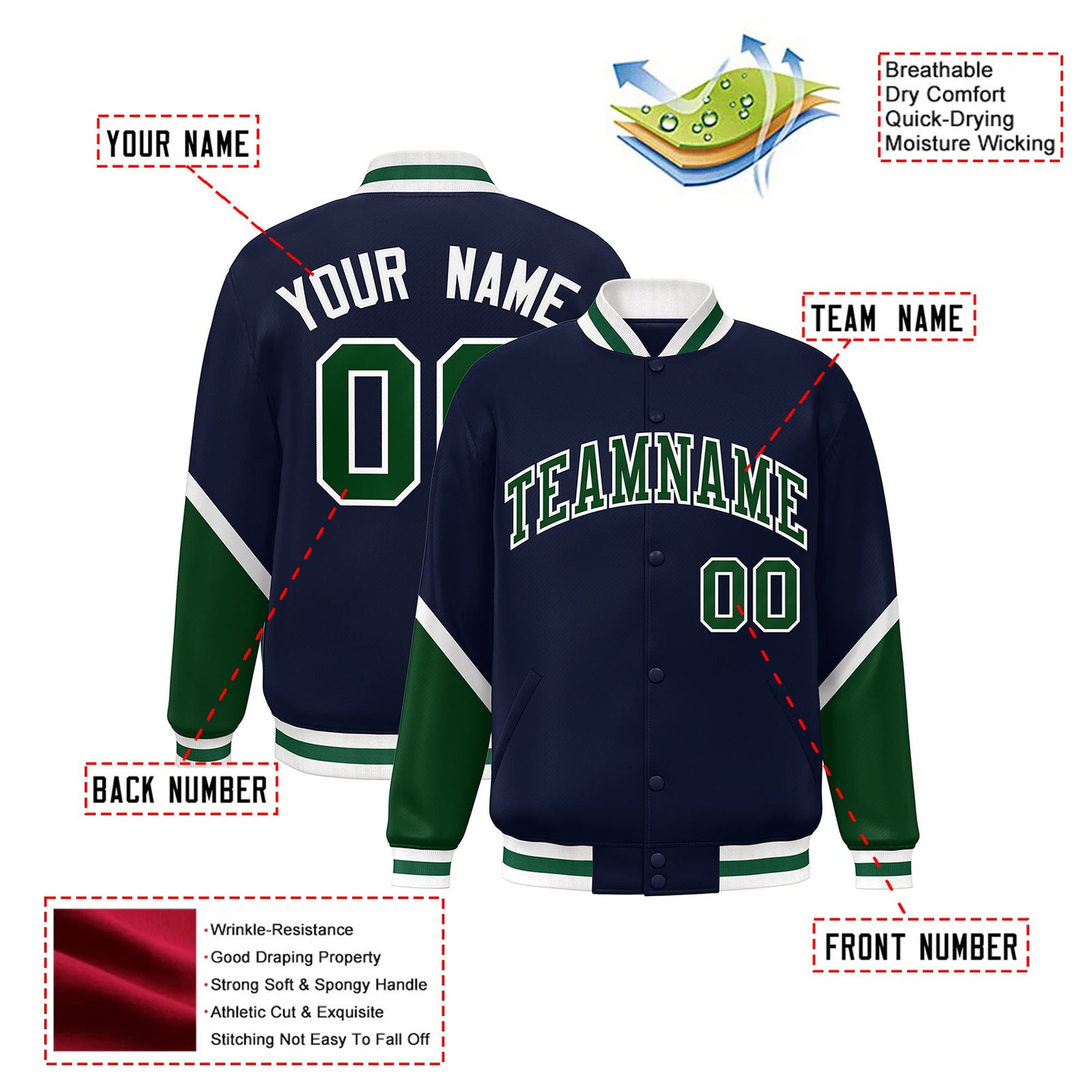 Custom Navy Green-White Varsity Full-Snap Color Block Letterman Jacket