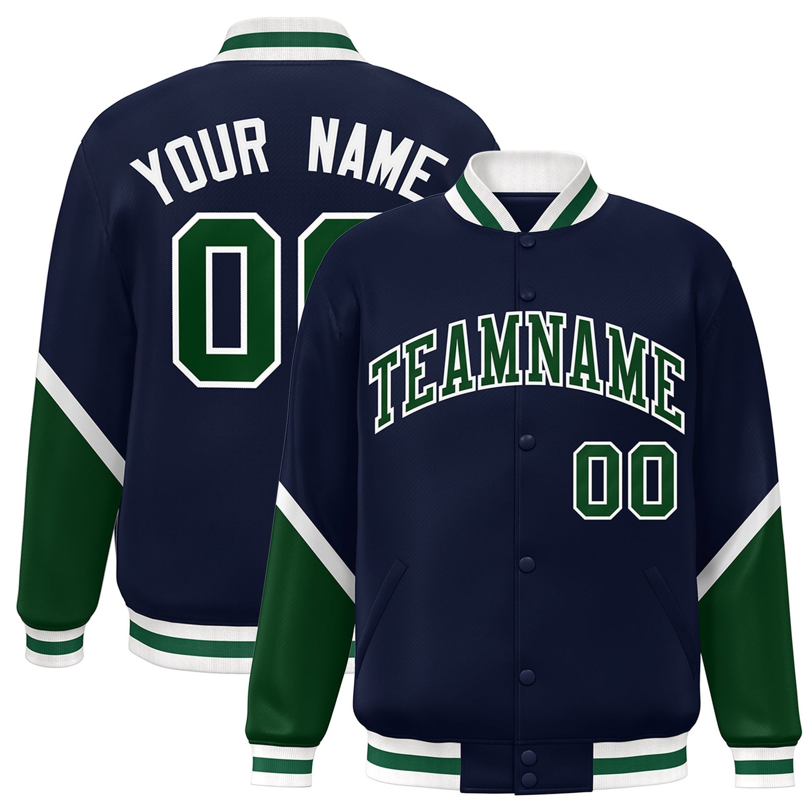 Custom Navy Green-White Varsity Full-Snap Color Block Letterman Jacket