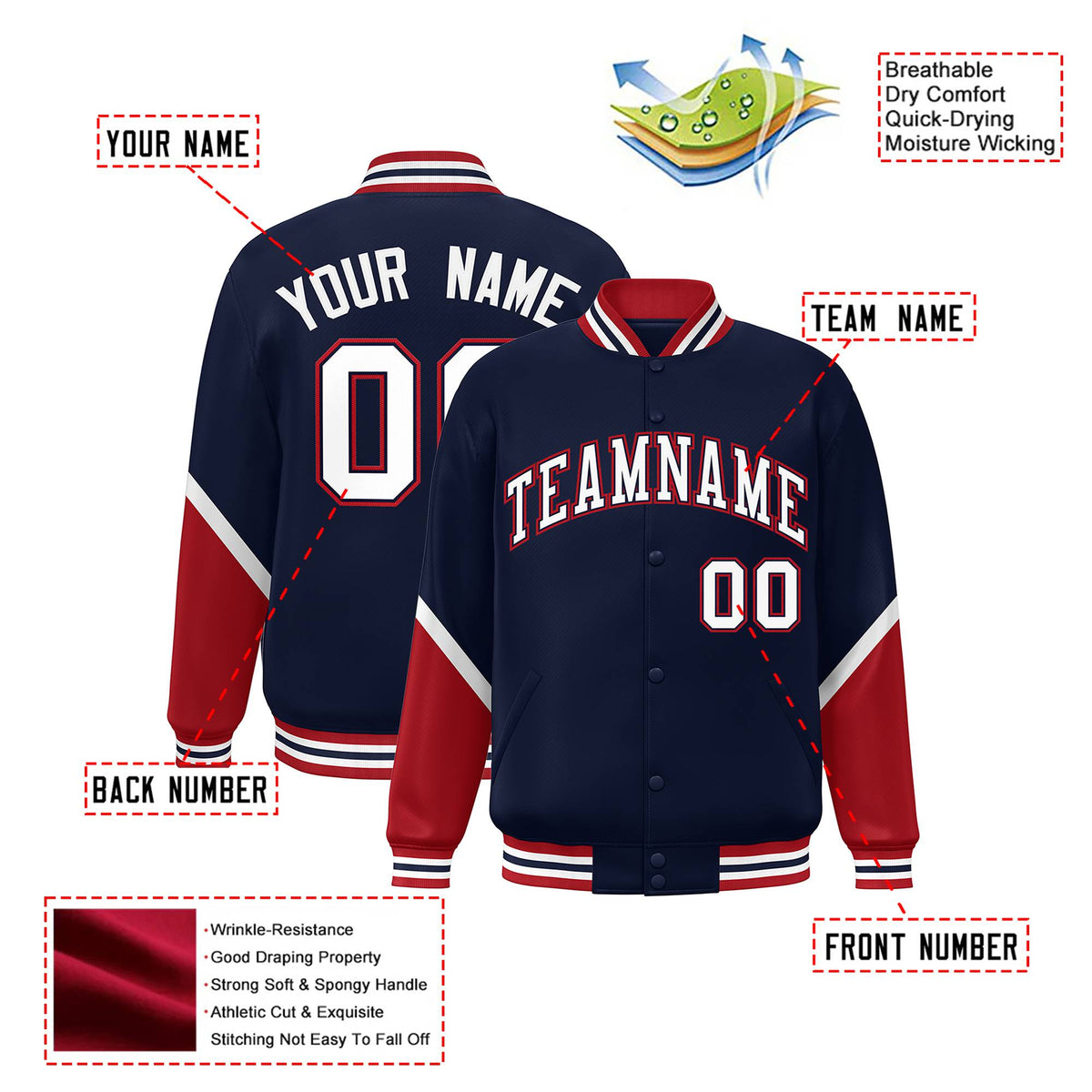 Custom Navy Red-White Varsity Full-Snap Color Block Letterman Jacket