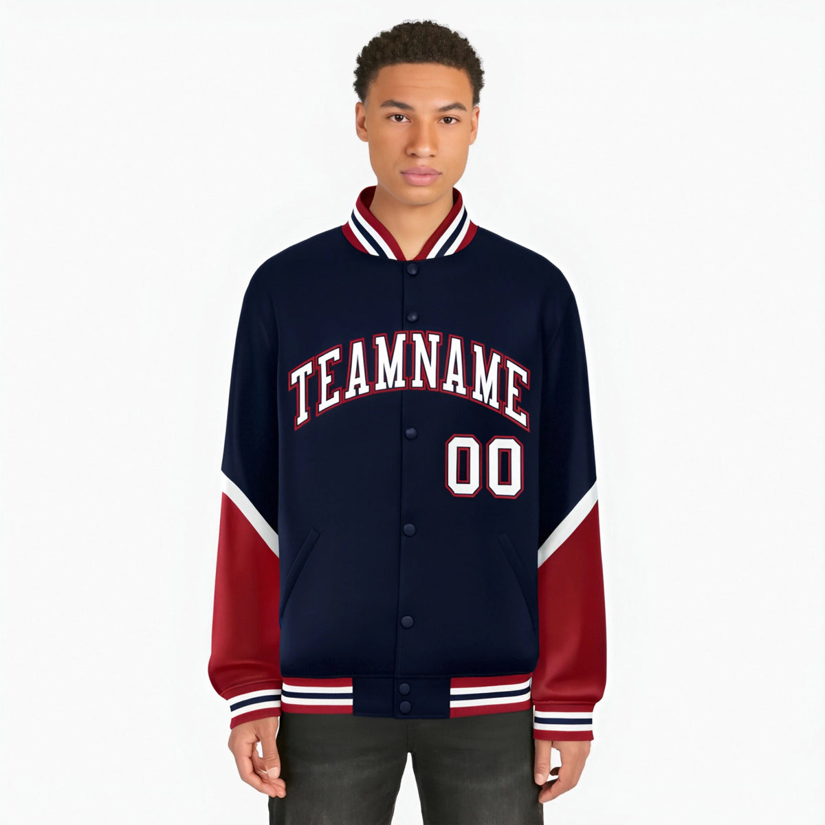 Custom Navy Red-White Varsity Full-Snap Color Block Letterman Jacket