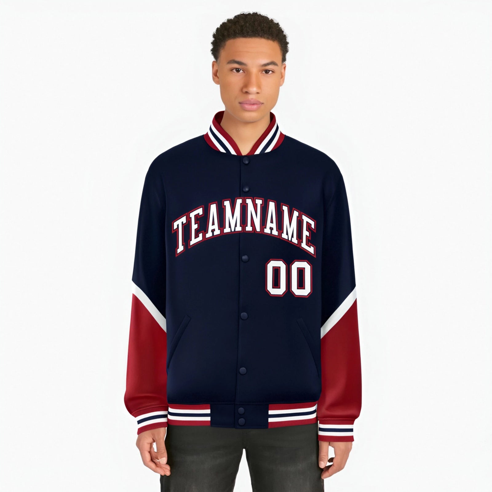 Custom Navy Red-White Varsity Full-Snap Color Block Letterman Jacket