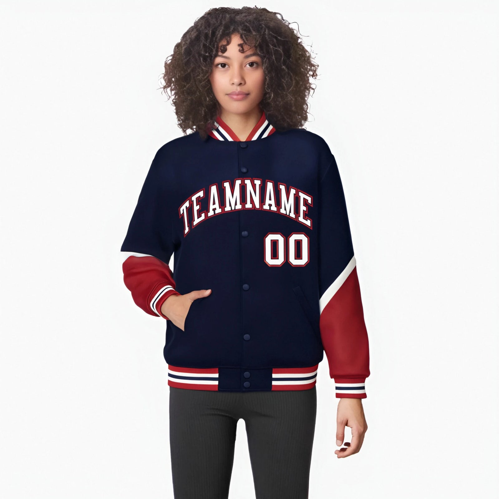 Custom Navy Red-White Varsity Full-Snap Color Block Letterman Jacket