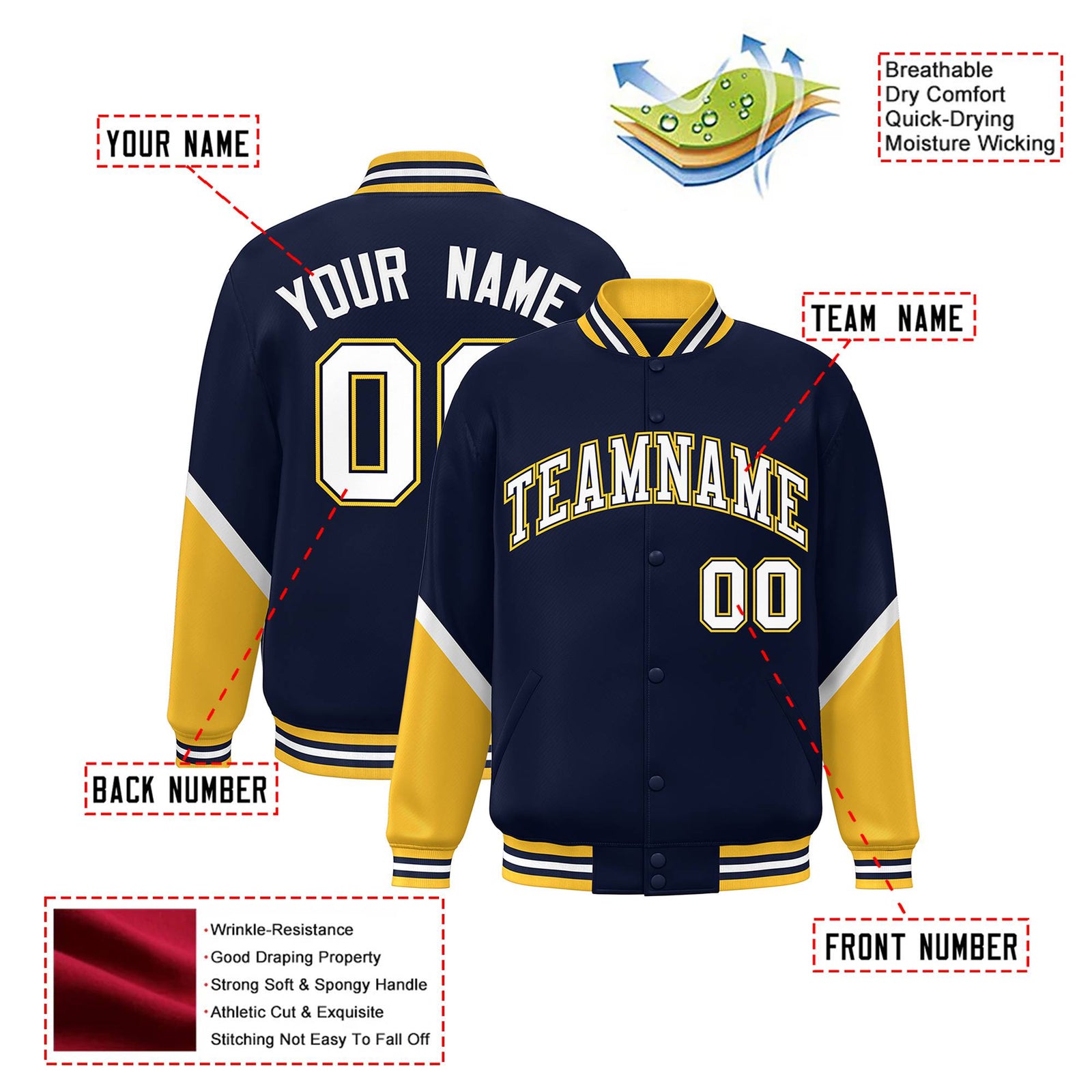 Custom Navy Gold-White Varsity Full-Snap Color Block Letterman Jacket